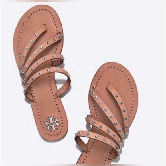Tory Burch Shoes - Tory Burch Designer Patos Tan Studded Strappy Calf Leather Thong Sandals 9.5